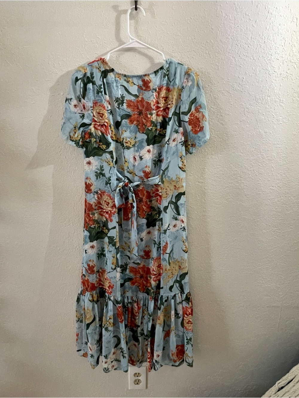 Floral V-Neck Midi Dress in Light Blue and Coral - Picture 3 of 7
